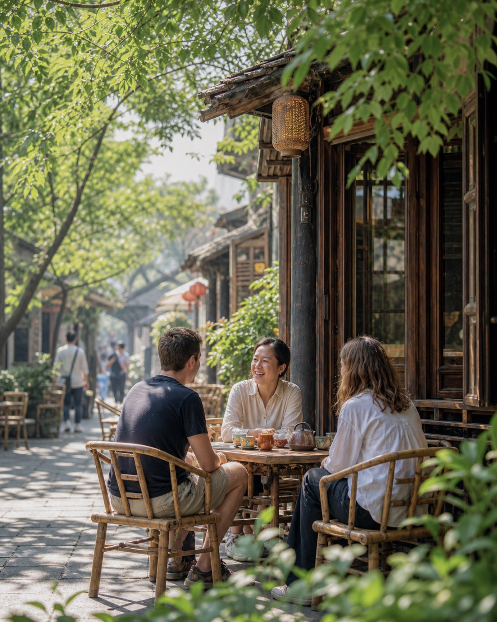 Rain sharing tea with two visitors on a leafy Chengdu street